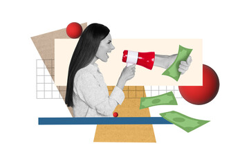 Aufkleber - Artwork magazine collage picture of cool serious lady shouting toa making money work isolated drawing background