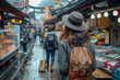 Female Traveler Exploring a Bustling Traditional Market Street