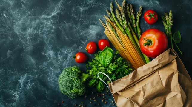 Healthy food background. Healthy food in paper bag vegetables and pasta on dark. 