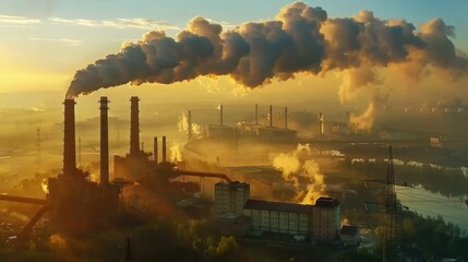 Industrial power plant with thick CO2 smoke from chimney. 