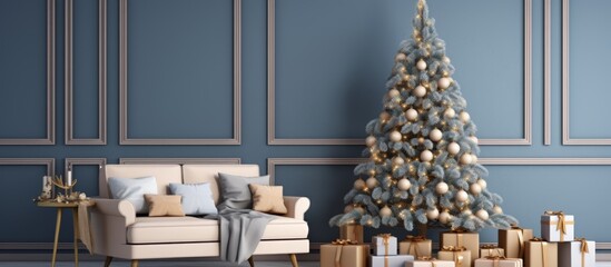 Canvas Print - A cozy living room with a couch, chair, and Christmas tree adorned with ornaments. The interior design features hardwood floors, a large window, and a festive atmosphere for the holiday event