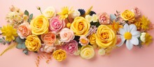 A Beautiful Assortment Of Flower Types Such As Hybrid Tea Roses, Garden Roses, And Other Flowering Plants On A Pink Background, Perfect For Flower Arranging And Creating Stunning Bouquets