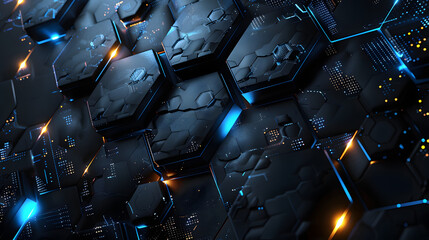 Poster - abstract geometric tech matrix, sleek black hexagons, radiant blue accents, premium 32k detail,