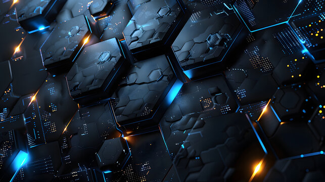 Abstract geometric tech matrix, sleek black hexagons, radiant blue accents, premium 32K detail,