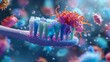 Visualize a 3D close-up of bacteria characters dancing on a toothbrush head, then being rinsed away, to show the importance of cleaning your toothbrush, vibrant color