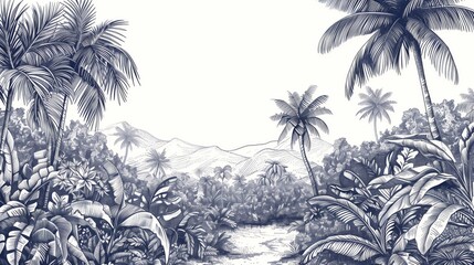Wall Mural - intricate line art of a tranquil tropical rainforest in black and white