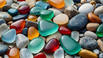 vibrant jewels on the shore. sea glass with a grainy polish and stones near the shore, close-up view