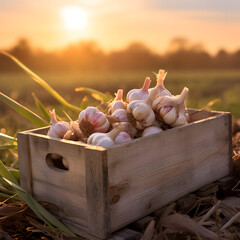 Wall Mural - Garlic harvested in a wooden box with field and sunset in the background. Natural organic fruit abundance. Agriculture, healthy and natural food concept. Square composition.