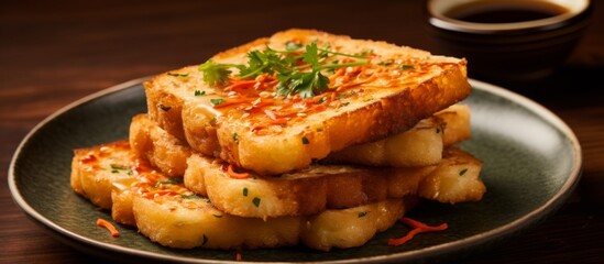 Canvas Print - A closeup shot showcasing a plate of delicious food on a table, highlighting the carefully prepared dish with fresh ingredients and beautiful garnishes