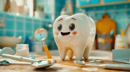 Visualize a tooth character in a detective outfit, magnifying glass in hand, inspecting a set of dental tools on the clinic counter, highlighting the detective work in diagnosing dental issues