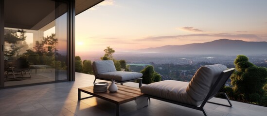 Wall Mural - A balcony with furniture overlooking a city at sunset, with a view of the skyline, trees, and the sky reflecting on the water below