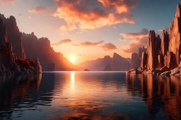 Poster - 3d render, fantastic sunset landscape panorama with cliffs reflecting in the water. Abstract unique background. Spiritual zen wallpaper