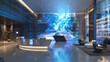 Fusion of art and tech in the lobby, with an interactive LED display on the reception desk reacting to passing guests, captivating imagination.
