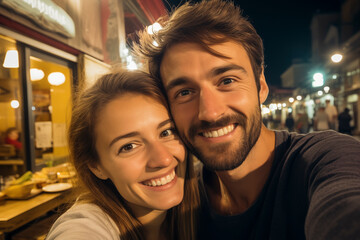 Romantic couple dating night smiling and laughing together having fun. Love and relationship young people enjoying nightlife. Tourist on vacation. Outdoor leisure activity. Taking selfie