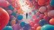 Surreal Balloon Tunnel with Silhouetted Figure Walking Towards Light