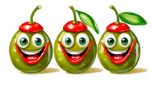 Three Green Olives Stuffed With Red Pepper (chili) And Smiling Faces, Isolated On White Background With Shadows, 3d Illustration, Cartoon. Generative Ai.