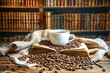 Cozy Vintage Style Coffee Break Concept with Cup on Open Book and Coffee Beans on Wooden Table