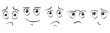 Cartoon faces. Expressive eyes and mouth, smiling, crying and surprised facial expressions of the character. Cartoon comic emotions or doodle emoticon. Set of icons isolated vector illustration