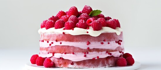 Wall Mural - A delicious cake topped with fresh raspberries on a white plate. The vibrant magenta fruit adds a burst of color to the dessert, perfect for any food lover