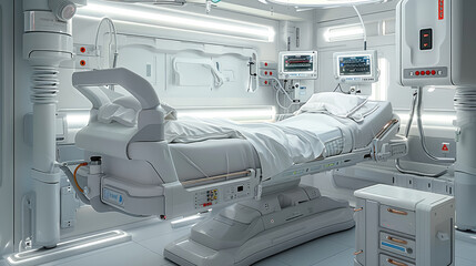 Wall Mural - Nursing bed, science fiction, intelligent, equipped with a mechanical arm at the head of the bed, which helps lift patients. Generative AI.