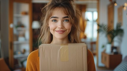 Canvas Print - Happy woman holding a cardboard box against the background of a bright apartment. Generative AI.