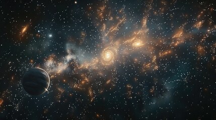 Poster - The vast universe, with nebulae in the background, and a planet nearby. Generative AI.