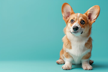 Wall Mural - Close-up banner with puppy dog corgi, isolated on blue background with copy space