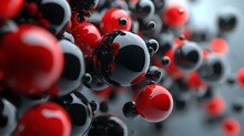 3D Rendering Of A Cluster Of Glossy Black And Red Spheres Of Different Sizes On A Grey Background.