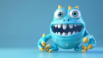 Wall Mural - Cute blue monster with big eyes and a toothy grin. It has yellow horns and claws, and is standing on a blue background.