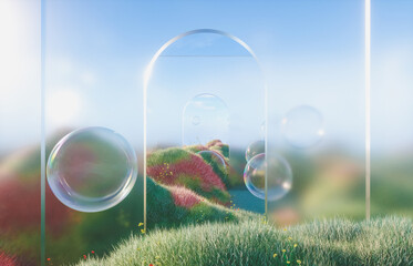 Abstract spring flower landscape scene with water bubble. 3d rendering.