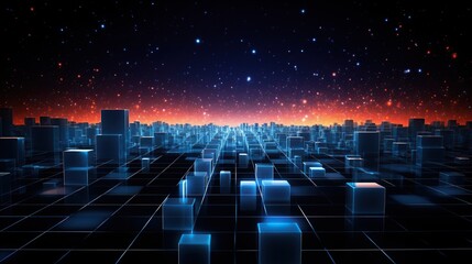 Poster - A visionary landscape of glowing cubic structures on a grid, transitioning from cool to warm tones, depicting a data-driven environment, perfect for tech innovation themes