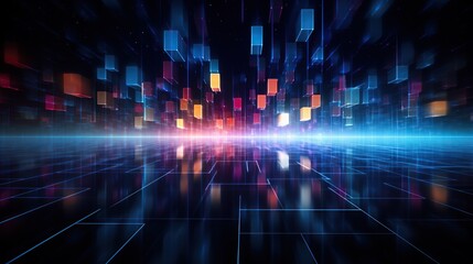 Poster - A digital horizon where multicolored cubes soar, creating a sense of emerging opportunities in technology, suited for dynamic data visualization or tech startups, with no specific place for text.