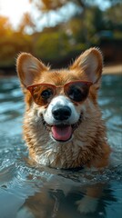 Canvas Print -  Corgi  takes selfies while traveling in the Bali.  wearing a stylish sunglasses