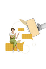 Poster - vertical composite photo collage of girl sit on textbox directing at smartphone screen leave comment