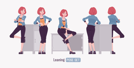 Wall Mural - Attractive young woman standing leaning posing. Adult red choppy bob haircut girl wearing cool jacket, capri pants, Mary Jane clog shoes, youth people streetwear clothing style. Vector illustration