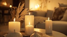 A Cozy And Atmospheric Interior Photo For A Home Magazine, Featuring A Close-up Of Flickering Candles In A Dimly Lit Setting. The Background Is Adorned With A Soft Beige Decor