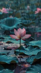 Canvas Print - A lotus, rain, healing, realistic landscape photos