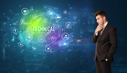 Poster - Businessman thinking about modern technology