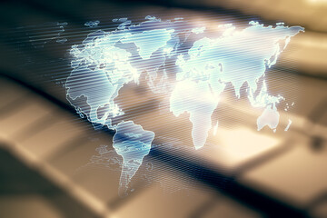 Aufkleber - Abstract creative world map interface on blurry abstract metal background, international trading concept. Multiexposure