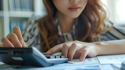 Aufkleber - woman working with calculator, accounting concept, tax, close up. generative ai.