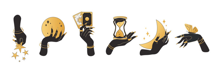 Witch hands in black and gold hold witchcraft. Hand with butterfly, moon, stars, hourglass, tarot cards, magic ball. Set of vector illustrations