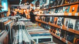 Fototapeta  - Blurred image of a record store with shelves full of vinyl records and customers browsing through them.