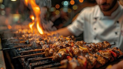 Wall Mural - Male chef cooking kebab over a hot grill in a restaurant. Generative AI.