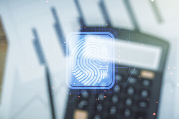 Aufkleber - Multi exposure of virtual graphic fingerprint sketch on blurry calculator and papers background, fingerprint scan data concept