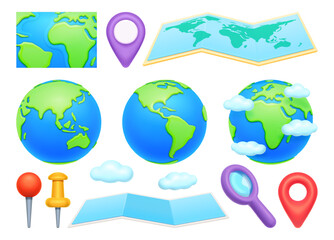 Wall Mural - cartography map and navigation point, travel tip and magnifier, earth globe and clouds isolated on w