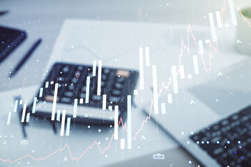 Poster - Multi exposure of virtual abstract financial diagram on calculator and pc background, banking and accounting concept
