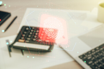 Poster - Multi exposure of virtual creative fingerprint hologram on blurry calculator with laptop background, personal biometric data concept