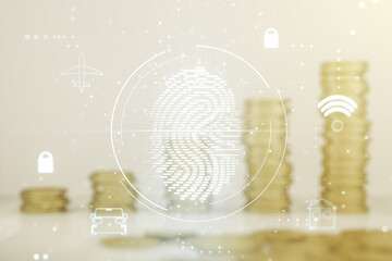 Poster - Multi exposure of virtual fingerprint scan interface on growing coins stacks background, digital access concept