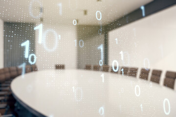 Aufkleber - Abstract virtual binary code sketch on a modern boardroom background, hacking and matrix concept. Multiexposure