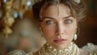cinematic, Beautiful women in victorian dress with pearls and diamonds, lace details, tiara, blue eyes
